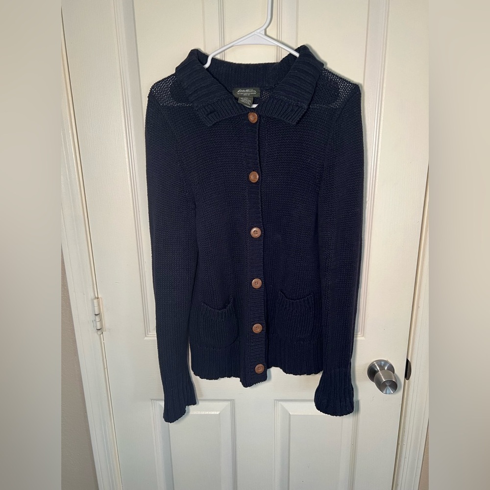 Eddie Bauer Navy Blue Knit Button Front Cardigan Sweater Size L